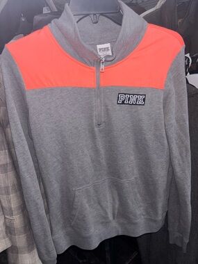 PINK Victoria's Secret Gray Sweatshirt with Neon Pink Yoke